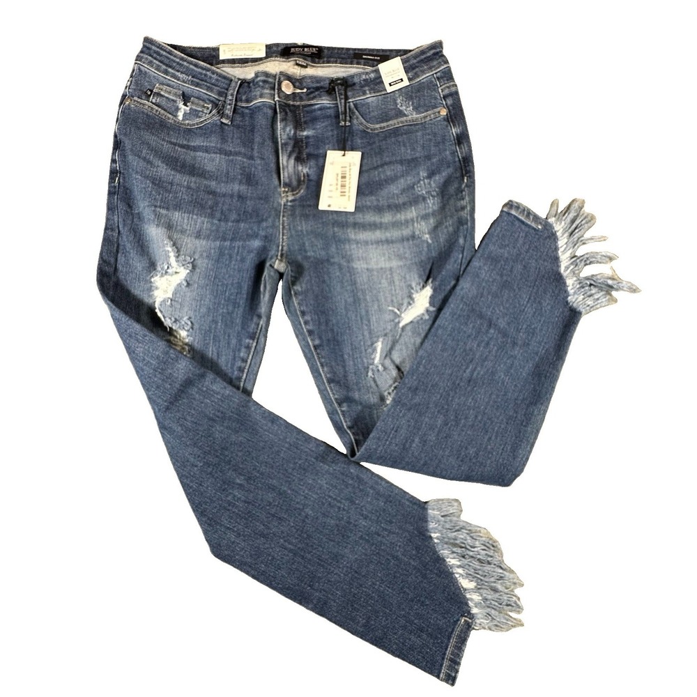 Judy Blue Jeans Juniors 15/32 Mid Rise Frayed Ankle Distressed Boho Skinny New
